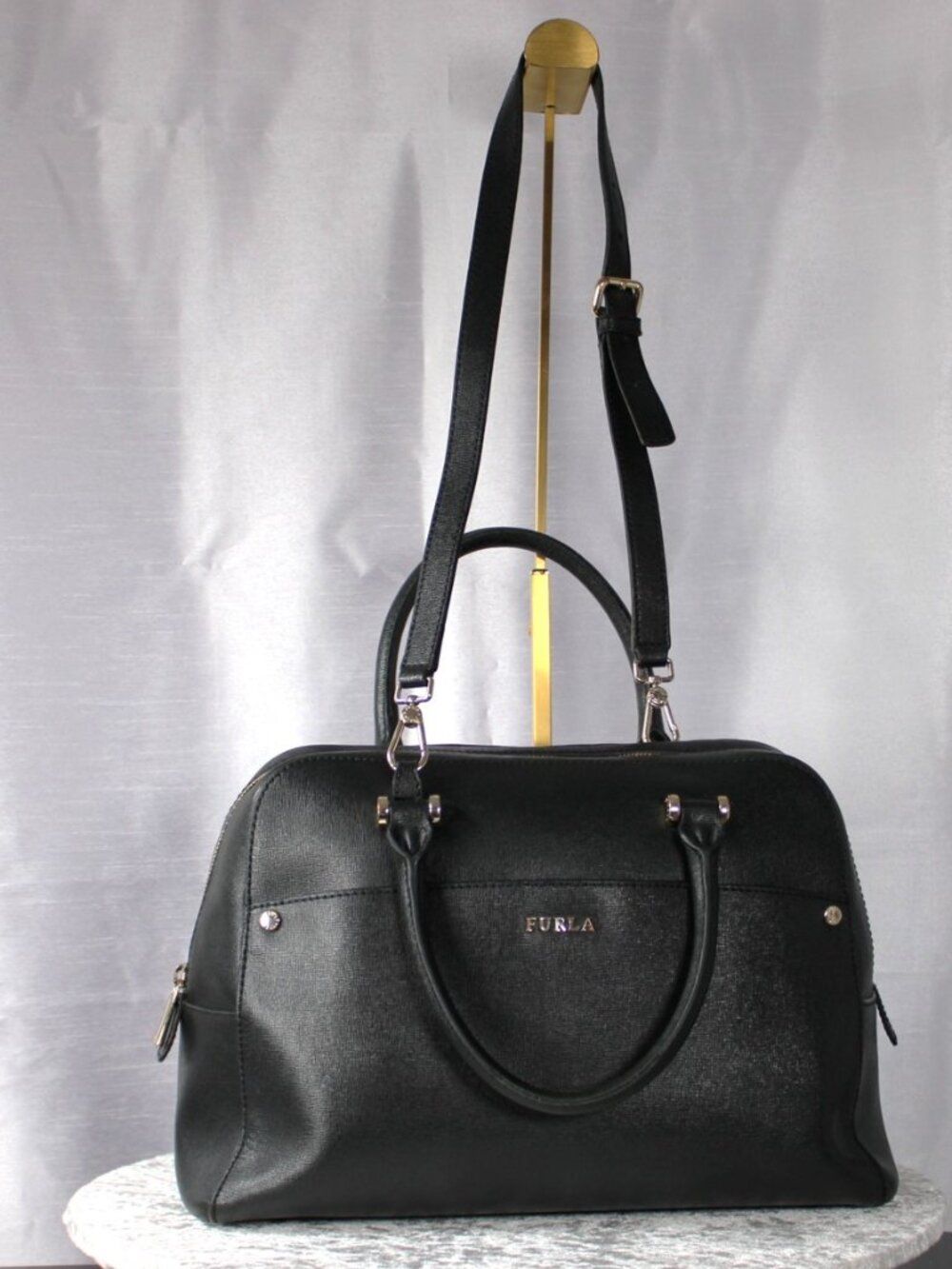 Furla Black Leather Satchel Top Handle Bag w/ Shoulder Strap Gold Hardware - Picture 2 of 12